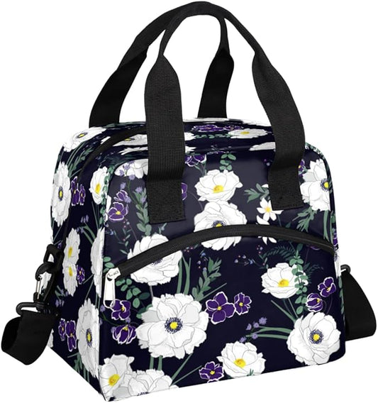 Flower Floral White Insulated Lunch Bags for Women Men Adult Reusable Lunch Tote Therma Cooler Bag with Shoulder Strap Lunch Box for School Work Office Picnic Meal Prep Bag