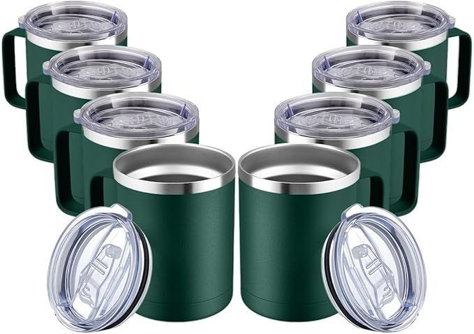 MEWAY 12oz Coffee Mug With Handle and Sliding Lid,Stainless Steel Travel Tumbler Cup with Handle,Double Wall Vacuum Insulated Camping Cup for Hot & Cold Drinks Tea (Forest Green,Set of 8)