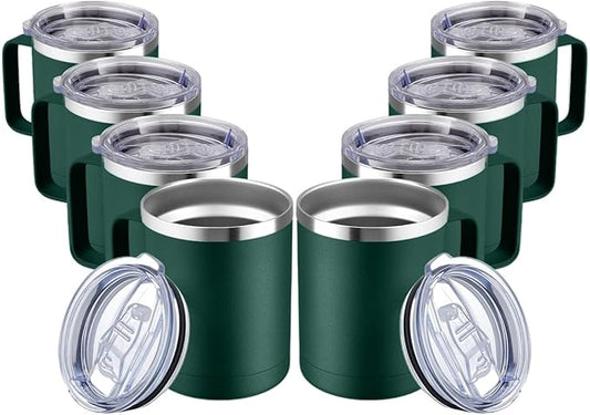 MEWAY 12oz Coffee Mug With Handle and Sliding Lid,Stainless Steel Travel Tumbler Cup with Handle,Double Wall Vacuum Insulated Camping Cup for Hot & Cold Drinks Tea (Forest Green,Set of 8)