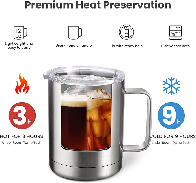 MEWAY 12oz Coffee Mug With Handle,Stainless Steel Insulated Travel Tumblers With Sliding Lid,Double Wall Vacuum Camping Cup for Hot & Cold Drinks Tea (Sliver,Set of 1)