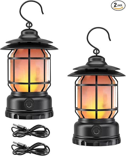 2PACK Rechargeable Camping Lantern, Flame Decorative Table Lamp, 2 Modes LED Light with Hook,Dimmable Vintage Style,Portable Waterproof Camping Light for Indoor/Outdoor Use (2)