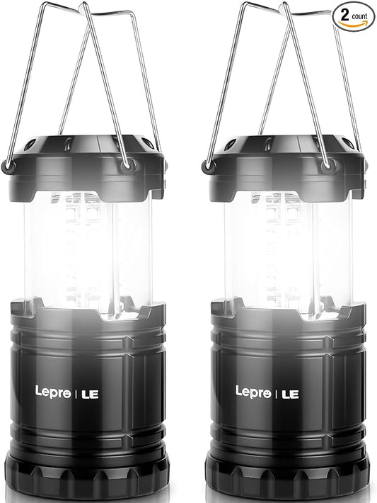 Lepro LED Camping Lantern, Super Bright, Battery Powered, IPX4 Water Resistant, Portable Emergency Lights for Hurricane, Storms, Outages, Collapsible, 2 Packs