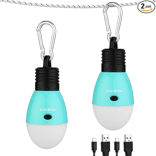 EverBrite Rechargeable Camping Light,Portable Tent Lantern,3 Lighting Modes, Hanging Tent Light Bulbs with Clip Hook for Hiking, Fishing, Backpacking, Emergency and More,Blue(2 Pack)