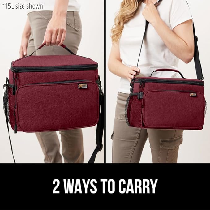 GORILLA GRIP Reusable Insulated Lunch Box Bag for Women Men, XL 15L, Leakproof Soft Cooler Bags, Multiple Compartments, Mesh Pockets and Adjustable Strap, Food Tote Keeps Drinks Cold, 13x9, Burgundy