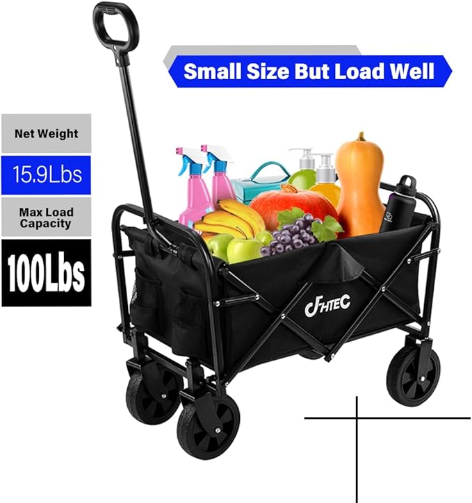 Collapsible Wagon Cart Black Foldable Utility Cart for Shopping, Camping, Sports and Garden, 100lbs Mini Home Folding Wagon Cart