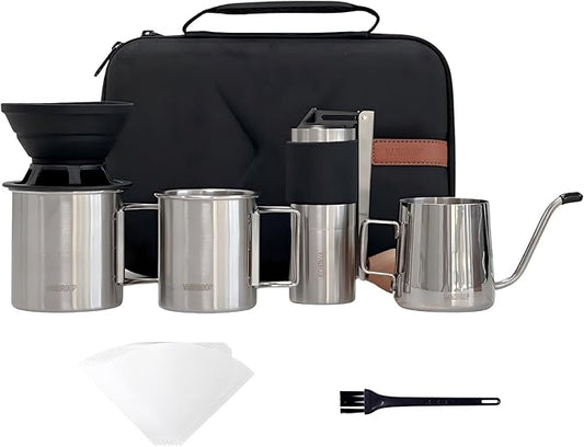 Pour Over Coffee Maker Set - All-in-1 Portable Manual Coffee Grinder With Stainless Steel Conical Burr, Collapsible Silicone Coffee Dripper, Gooseneck Kettle