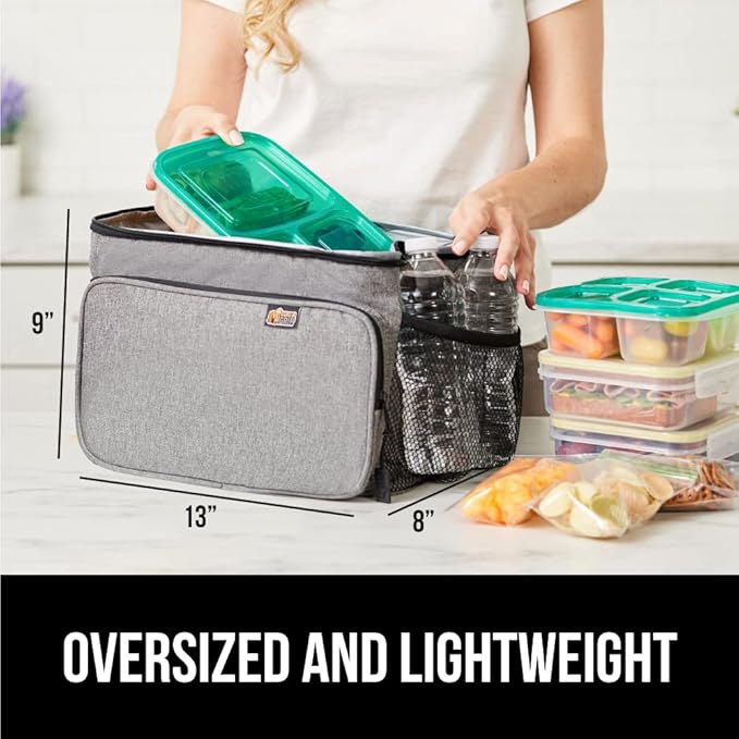 GORILLA GRIP Reusable Insulated Lunch Box Bag for Women Men,15L, Leakproof XL Soft Cooler Bags, Multiple Compartments, Mesh Pockets and Adjustable Strap, Food Tote Keeps Drinks Cold, 13x9, Light Gray