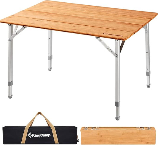 KingCamp Adjustable Height Folding Table, 4-Fold Bamboo Camping Outdoor Portable RV Camp Table with Carry Bag for Outdoor Car Backyard Picnic Tailgating Beach