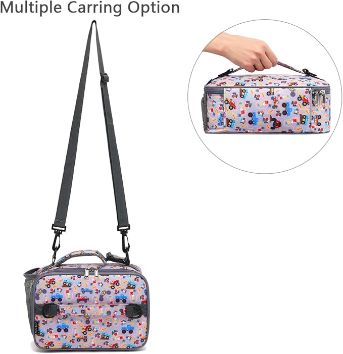 FlowFly Kids Lunch Bag, Durable Insulated School Lunch Box with Shoulder Strap and Bottle Holder, Water-resistant Thermal Small Lunch Cooler Tote for Teen Boys & Girls,Truck