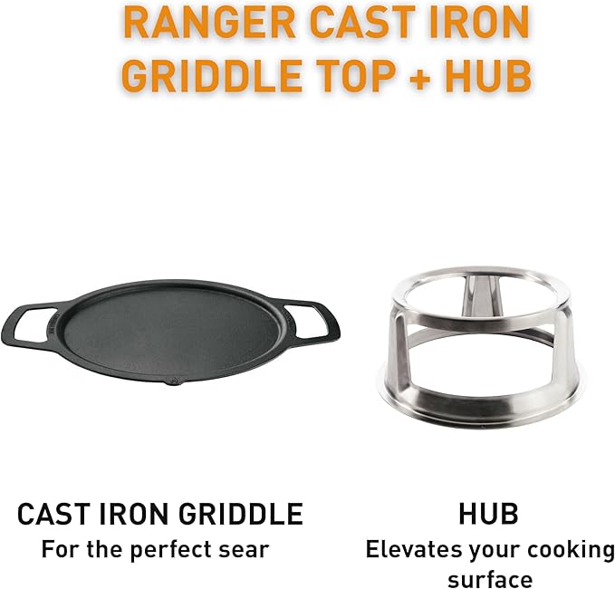 Solo Stove Ranger Griddle + Hub, Cast Iron Cookware with Stainless steel Hub for 6.5” Elevation, Addition to Ranger fire pit, Weight: 14.5lbs, Cooking surface diameter 14.25"