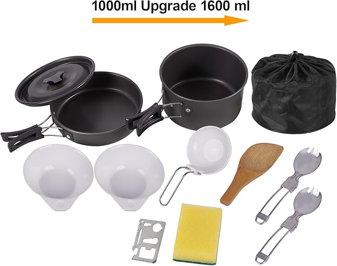 REDCAMP 12/14/15/19 PCS Camping Cookware Mess Kit Camping Gear Campfire Utensils Lightweight Stackable Pot Pan Bowls Soup Spoon with Storage Bag for Camping, Backpacking, Outdoor Cooking, Picnic