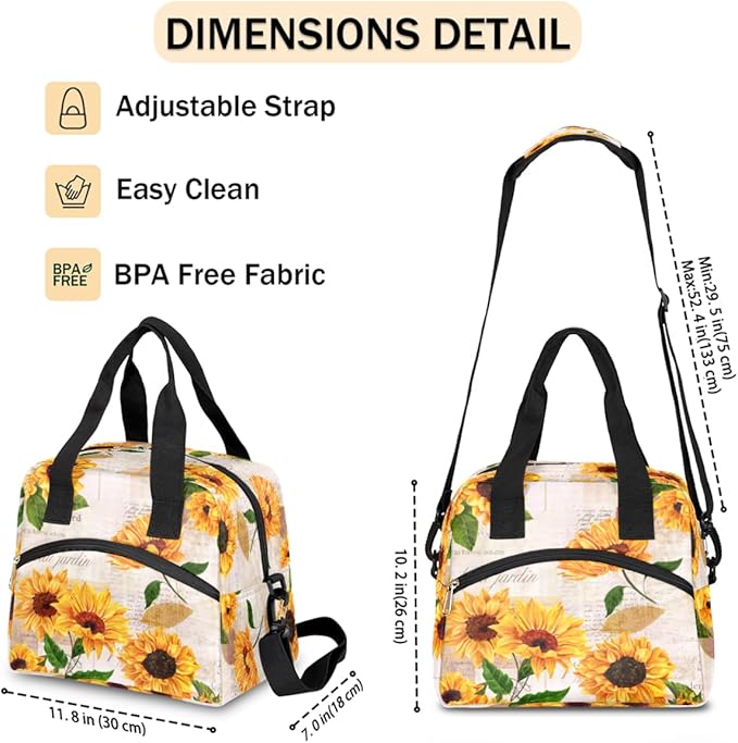Sunflower Floral Insulated Lunch Bags for Women Men Adult Yellow Flower Reusable Lunch Tote Therma Cooler Bag with Shoulder Strap Lunch Box for School Work Office Picnic Meal Prep Bag