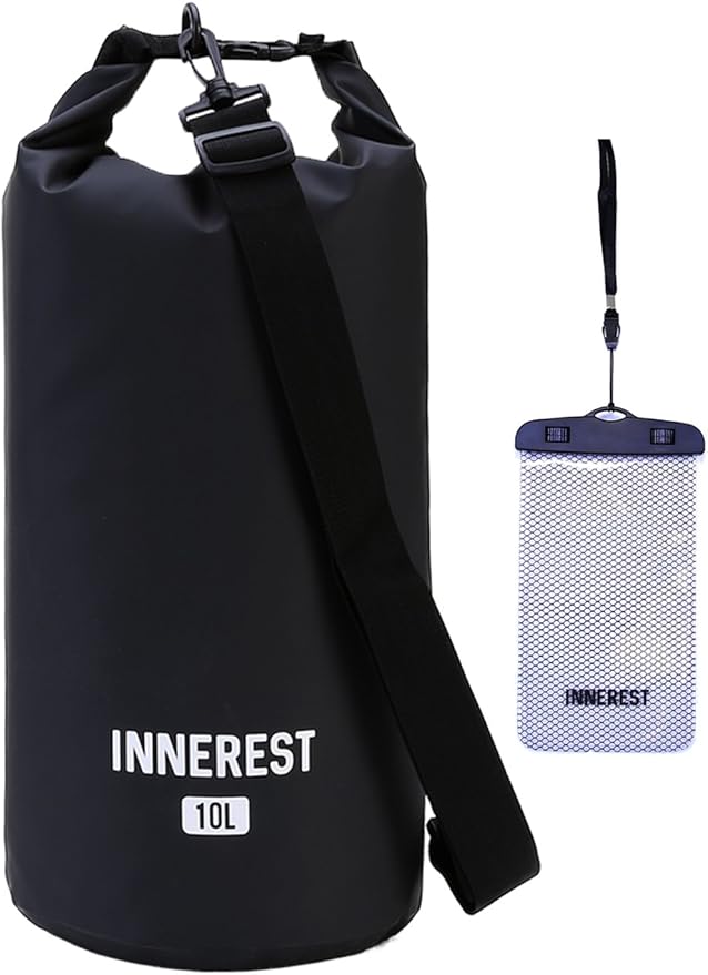 Waterproof Dry Bag Lightweight Sack for Outdoor Water Recreation Beach Boating Camping Fishing Kayaking with a Waterproof phone pouch (Matte Black, 10L)