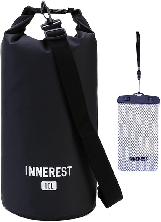 Waterproof Dry Bag Lightweight Sack for Outdoor Water Recreation Beach Boating Camping Fishing Kayaking with a Waterproof phone pouch (Matte Black, 10L)