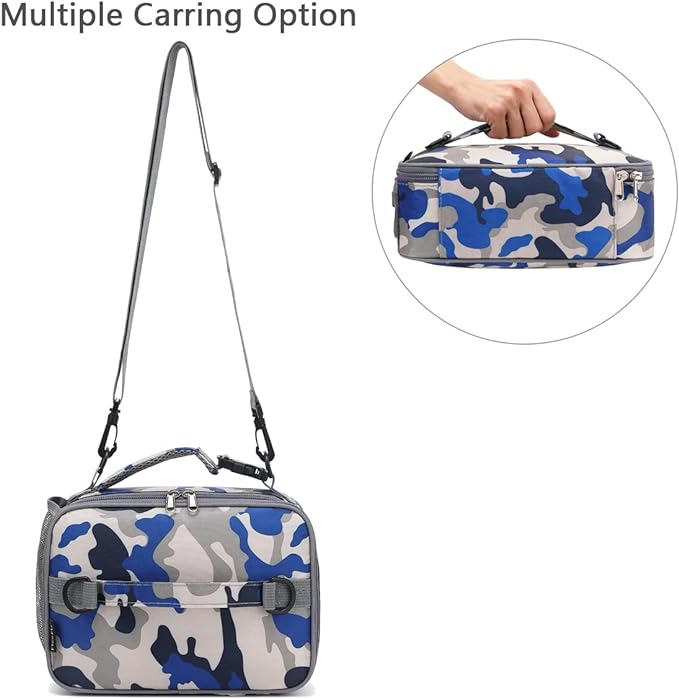 FlowFly Kids Lunch Bag, Durable Insulated School Lunch Box with Shoulder Strap and Bottle Holder, Water-resistant Thermal Small Lunch Cooler Tote for Teen Boys & Girls,Blue Camo