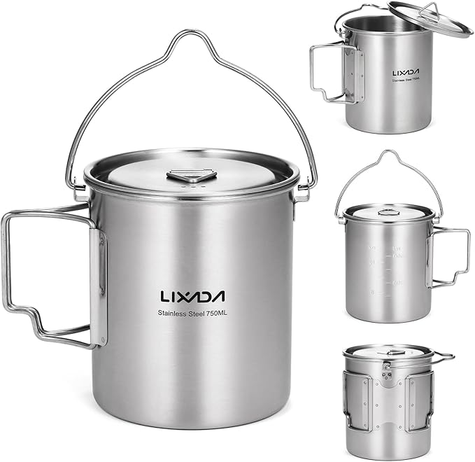 Lixada 750ml Camping Cup Pot Cup Stainless Steel Water Cup Mug with Foldable Spoon for Outdoor Camping Hiking Backpacking