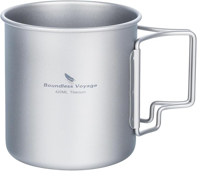 iBasingo 420ml Titanium Mug without Lid Tea Coffee Water Cup Outdoor Camping Pot Ultra-light Portable Hiking Backpacking Cooking Kit Picnic Tableware Drinkware with Foldable Handle Ti3024D