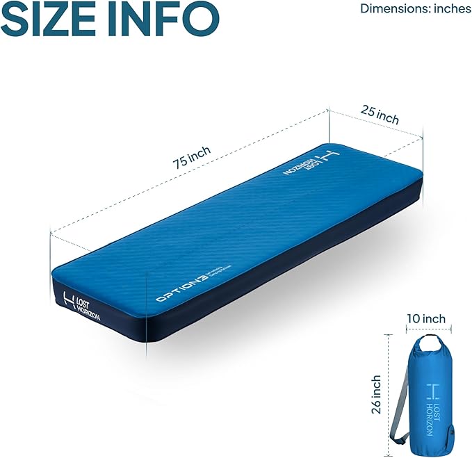 LOSTHORIZON Air & Foam Camping Mattress, Self-Inflating Sleeping Pad, 4.5" Thick, with Pump Sack, Cot