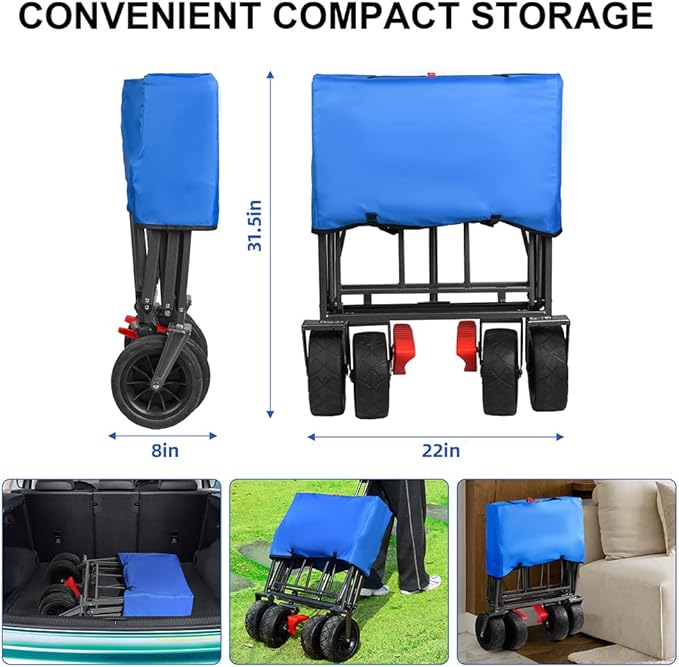 Collapsible Canopy Wagon - Heavy Duty Utility Outdoor Garden Cart - with Adjustable Handles, for Shopping, Picnic, Camping, Sports - Blue