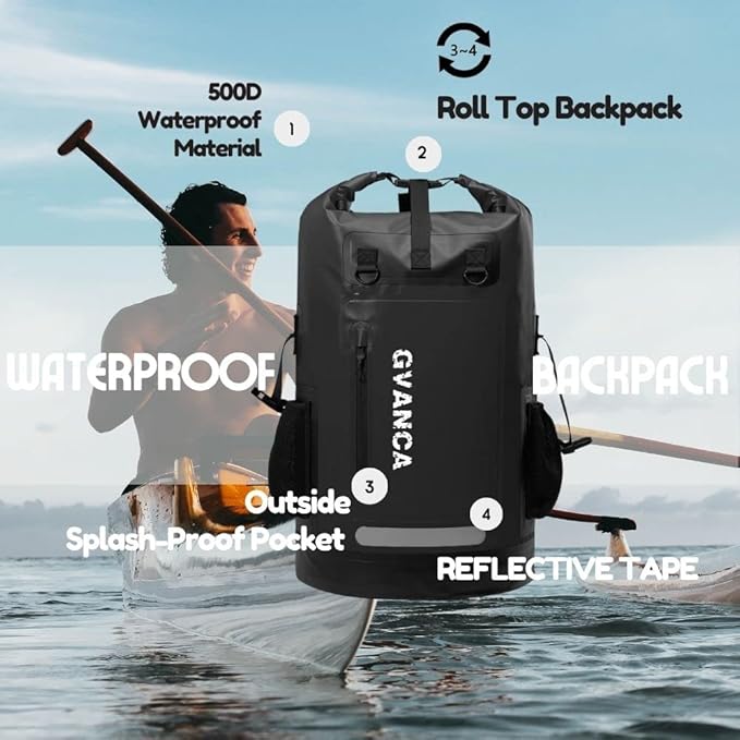 Waterproof Roll Top Kayak Dry Backpack, Floating Outdoor Dry Sack Boating Sailing Canoeing Rafting Fishing Camping 55L Black