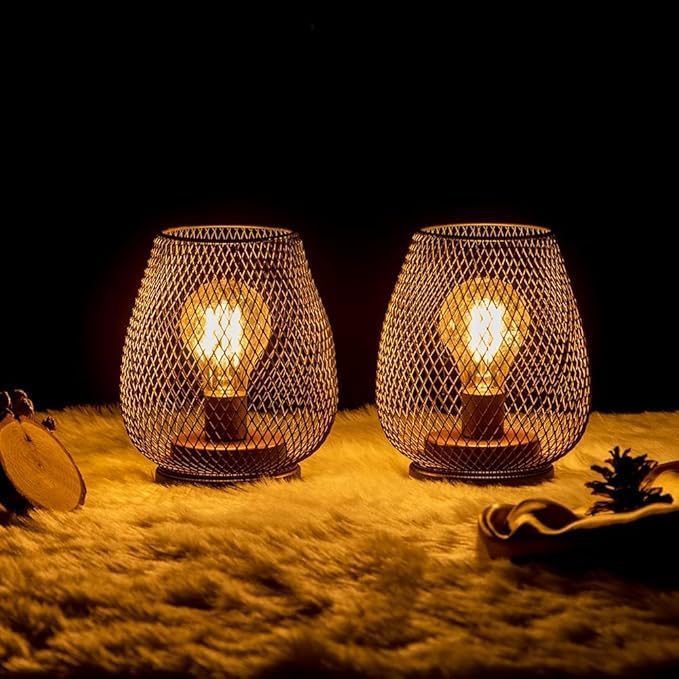 DECORKEY Set of 6 Battery Operated Lamp LED Table Lantern, Brown Metal Cage Cordless Lamps with LED Bulb，Vintage Decorative Outdoor Lantern for Weddings, Parties, Patio, Events for Indoors Shelf Decor