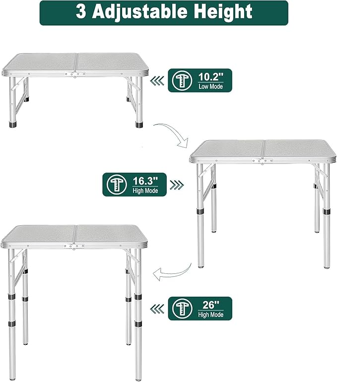 REDCAMP Small Camping Table 2 Foot, Portable Aluminum Folding Table Adjustable Height Lightweight for Picnic Beach Outdoor Indoor, White 24 x 16 inch (3 Heights)
