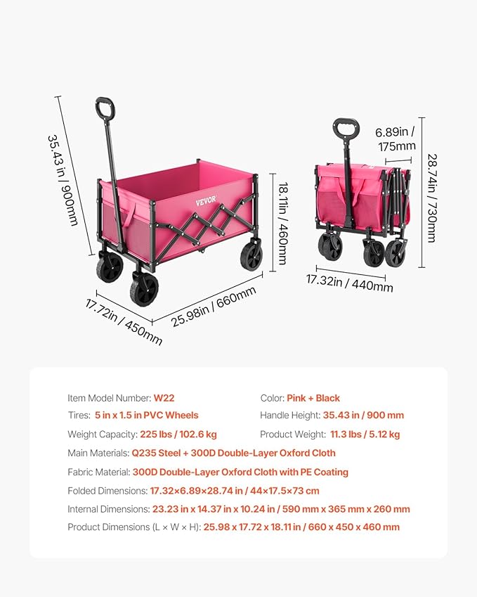 VEVOR Collapsible Wagon Cart with Wheels Foldable, 120L 225LBS Heavy Duty Folding Wagon, Portable Utility Grocery Cart for Groceries Camping Sports Shopping Garden with Adjustable Handle