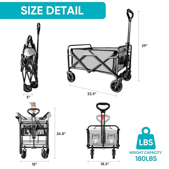 Collapsible Foldable Wagon, Beach Cart Large Capacity, Heavy Duty Folding Wagon Portable, for Outdoor Sports, Shopping, Camping, Gray