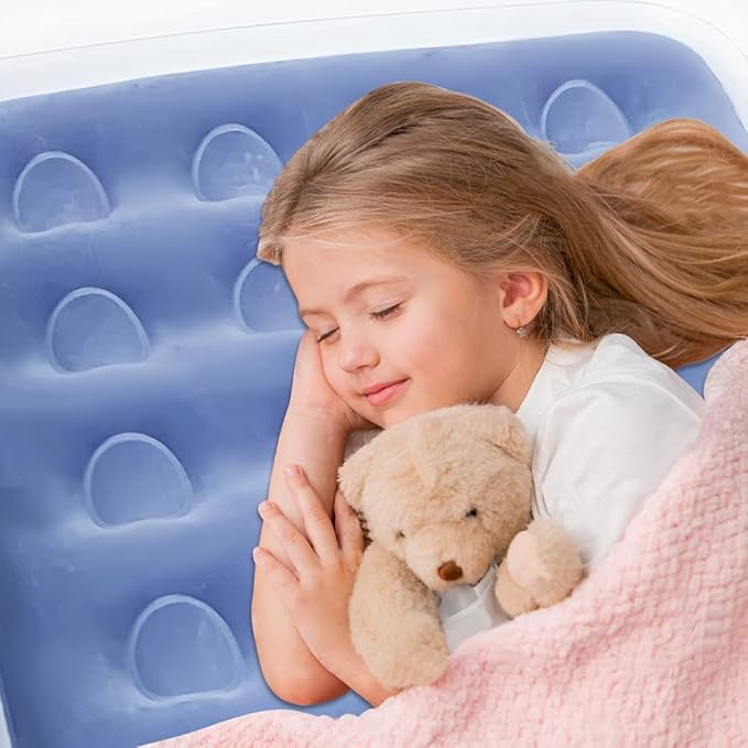 Inflatable Kids Travel Bed Toddler Air Mattress Set,Portable Blow Up Mattress Sleeping Bed Cot with Bed Rails and Electric Pump Ideal for Road Trip
