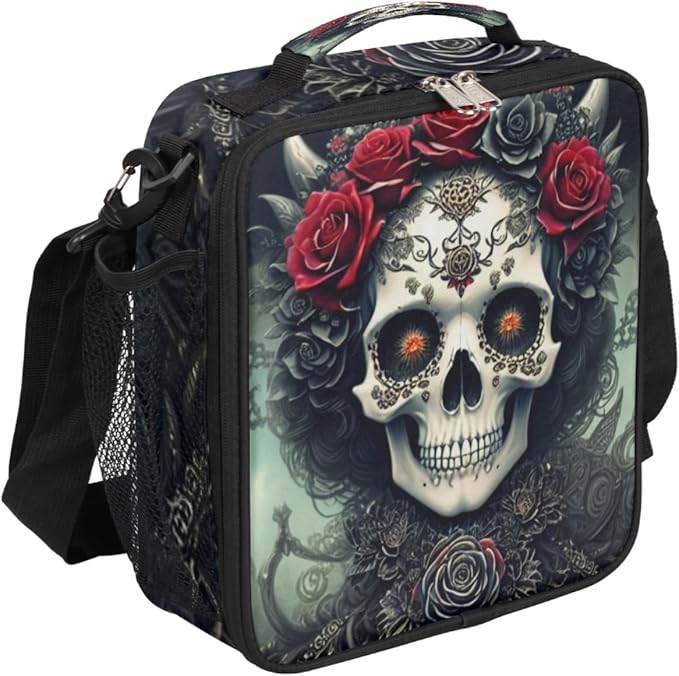 Goth Skull Insulated Lunch Bag for Girls Boys Teen Skeleton Flower Reusable Lunch Box with Shoulder Strap Freezable Thermal Cooler Bag Meal Prep Boxs for School Travel Picnic Beach Lunch Pail