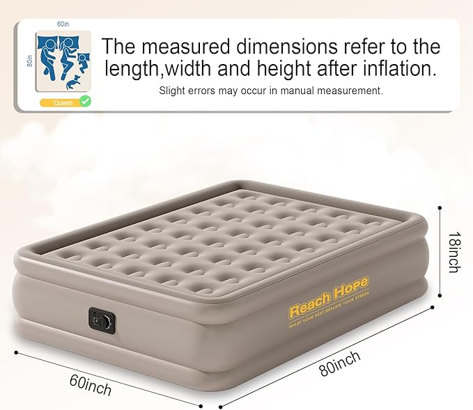 Air Mattress Queen with Built in Pump, Self-Inflatable Queen Size Air Mattress, Blow Up Double Bed with Storage Bag, Colchones Inflables Air Bed for Indoor & Outdoor.(18" Queen, Khaki)