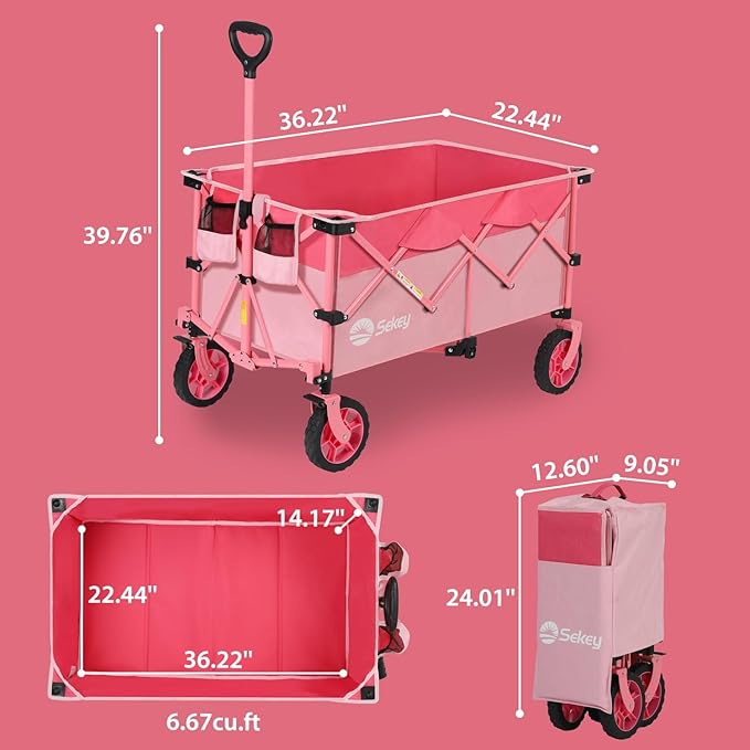 Sekey 220L Collapsible Foldable Wagon with 330lbs Weight Capacity, Heavy Duty Folding Wagon Cart with Big All-Terrain Wheels & Drink Holders (Barbie Pink)
