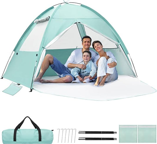 Beach Tent for 3-4 Person, Large Easy Setup Beach Shade Canopy with UPF 50＋ UV Protection, Portable Shade Tent with 3 Ventilating Mesh Windows for Outdoor, Picnics, Fishing