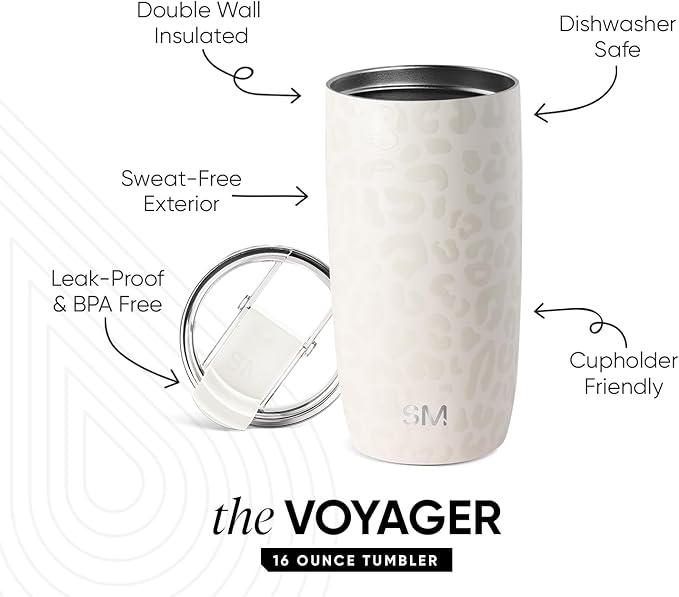 Simple Modern Travel Coffee Mug Tumbler with Flip Lid | Reusable Insulated Stainless Steel Cold Brew Iced Coffee Cup Thermos | Gifts for Women Men Him Her | Voyager Collection | 16oz | Cream Leopard