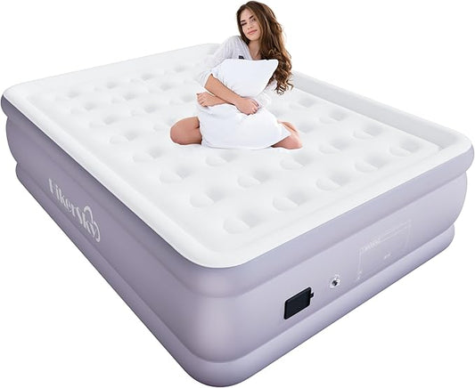 Air Mattress Queen with Built in Wireless Battery Pump,22'' Blow Up Inflatable Air Bed for Camping,Home,Thick Velvet Texture Waterproof,22'' Purple