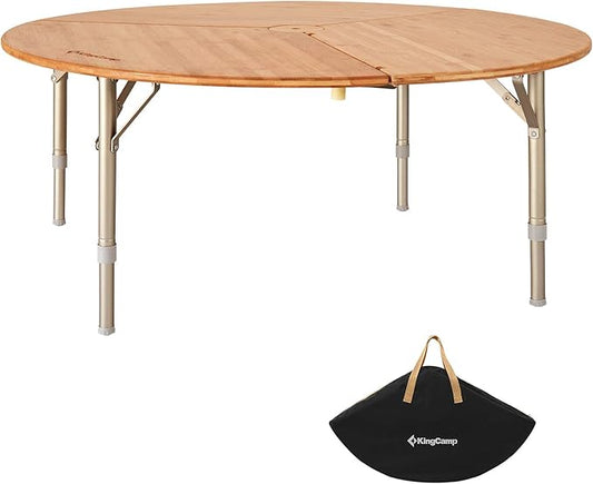 KingCamp Bamboo Round Folding Table Camping Table for Teepee Bell Tent 3 Fold Portable Camp Table with Heavy Duty Adjustable Height Aluminum Leg for Camping Picnic Indoor & Outdoor Card Game Dinning