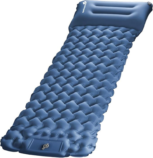 Inflatable Camping Sleeping Pad with Pillow & Foot Pump, 3"x79"x26" Single Camping Air Mattress, Compact Roll-Up, Quick-Dry & Durable Sleeping Mat for Backpacking, Hiking, Tent, Travel – Blue