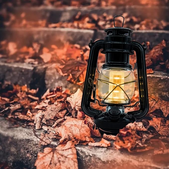 YAKii LED Vintage Metal Hanging Hurricane Lantern - 12 LED Dimmer Switch, Warm White Battery Operated Lantern for Power Outage, Indoor Camping, Outdoor Decoration (Black)