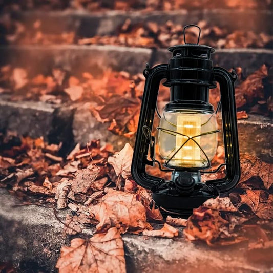 YAKii LED Vintage Metal Hanging Hurricane Lantern - 12 LED Dimmer Switch, Warm White Battery Operated Lantern for Power Outage, Indoor Camping, Outdoor Decoration (Black)