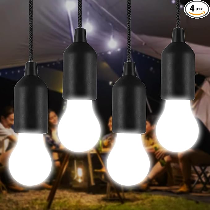 LED Pull Cord Light Bulb 4 Pack, LED Camping Lantern Lights Hanging Tent Lamp Light Bulbs for Camping, Hiking, Home Decor, Hurricane Emergency, Storms, Outages and More (4pcs Black)