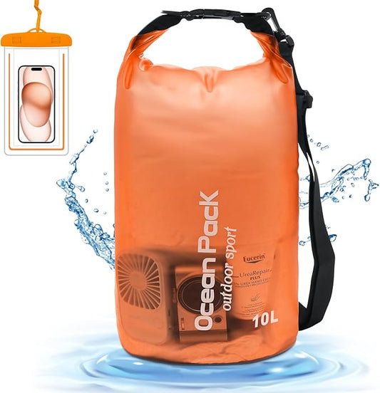 Waterproof Dry Bag for Women Men,10L/15L Roll Top Lightweight Dry Storage Bag Backpack,Floating Sack with Waterproof Phone Case, Kayaking,Swimming, Camping, Hiking, Beach (Orange, 10L)