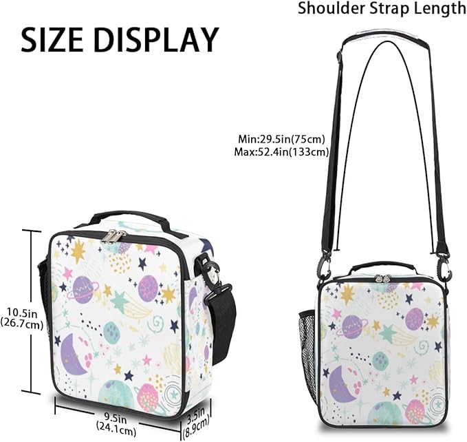 Space Lunch Box for Kids, Cartoon Space Planet Lunch Bag for Boys Girls, Reusable Insulated Waterproof Lunch Box with Adjustable Shoulder Strap Thermal Cooler Tote Bag for School Daycare Picnic