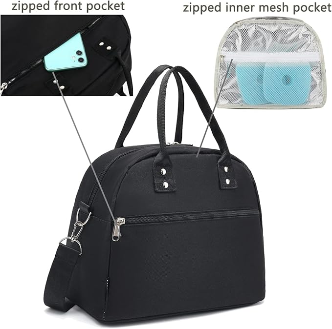 FlowFly Insulated Lunch Bag With Shoulder Strap for Women, Men, and Kids, Large and Reusable, Handle, Freezable Work and School Travel Tote and Meal Prep Organizer (Black)