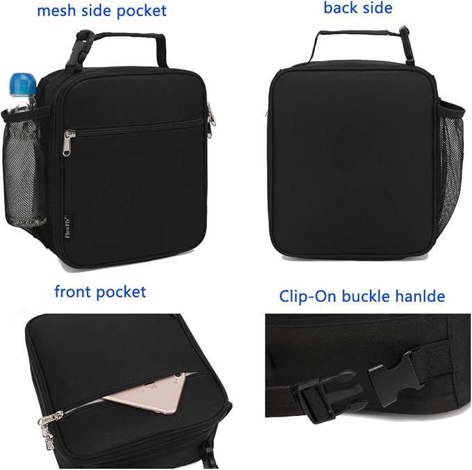 FlowFly Kids Lunch Box Insulated Letter Print Soft Bag Mini Cooler Back to School Thermal Meal Tote Kit for Girls, Boys, Black