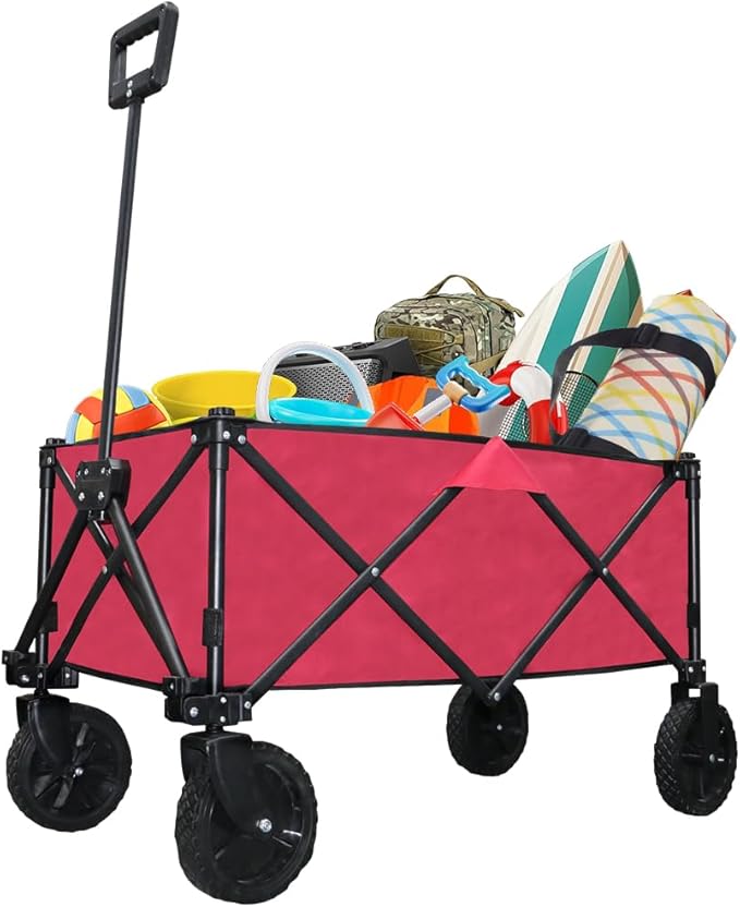 Folding Portable Large Sturdy Picnic Wagon Carts, Utility Grocery Shopping Cart, Garden FarmTransport Cart, 360° Swivel Wheels & Brakers, Red