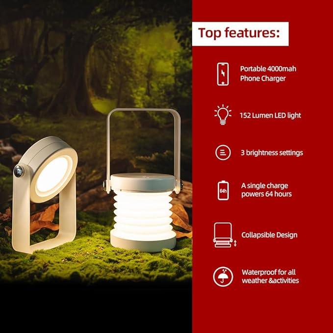 Waterproof Collapsible Camping Lantern with Phone Charger,Rechargeable Camping Lights,4400mAh Power Bank, Portable Battery Powered Foldable Travel Lamp for Hiking , Power Outages,Survival Kit