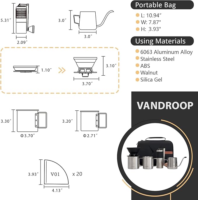 Pour Over Coffee Maker Set - All-in-1 Portable Manual Coffee Grinder With Stainless Steel Conical Burr, Collapsible Silicone Coffee Dripper, Gooseneck Kettle