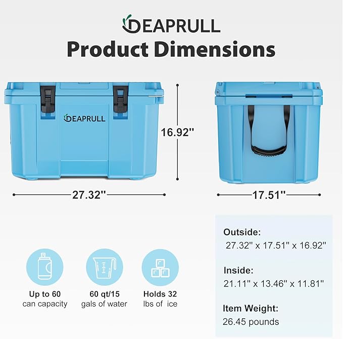 60 Quart Hard Cooler, Insulated Ice Chest Box Holds Ice for up to 6 Days, Portable Cooler with Nylon Rope Handles, Cup Holders, Double Latches for Camping Drink, Beach, Picnic, Fishing, Boat, Barbecue