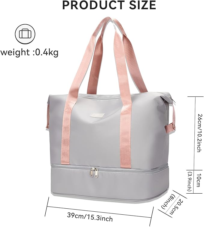 Large Travel Duffel Bag with Shoe Compartment, Gym Tote Carry on Bags for women, Lightweight Duffel Bags with Trolley Sleeve fit for Travel and Sport(Grey)