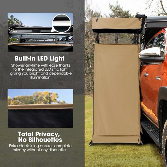 SanHima Awning Shower Tent with Roof - Car Side Shower Room w/LED Light, Camping Waterproof Portable Privacy Shelter Bathroom Overland, Khaki